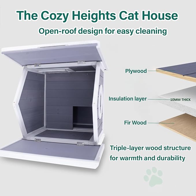 GEGURI Outdoor Cat House Winter-Proof, Two-Story Insulated Cat Shelter for Feral Cats with Thermal Layer, Removable Roof, Balcony & Escape Door, Weatherproof & Warm Shelter for Cats