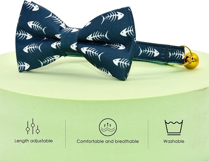 Fish Bone Cat Collar Bow Tie, Breakaway Safety Collar, Wedding/Birthday Cat Accessories, Adjustable Bowtie, Removable Jingle Bell