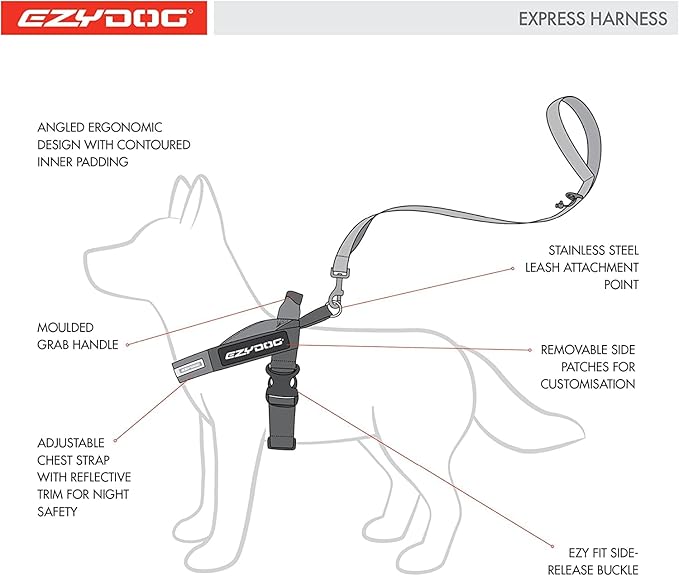 EzyDog Express Dog Harness - Adjustable Dog Harness for Large, Medium, and Small Dogs with Padded Ergonomic Anti-Chafing Design, Grip Handle, & Easy Side Buckle (L, Purple)