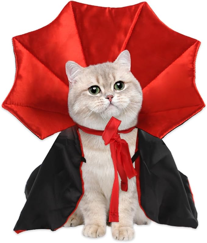 Qiansail Cat Cape Vampire Cloak Halloween Dog Costume Pet Cosplay Apparel Outfit Decor Accessories for Puppy Kitten (Black&Red)