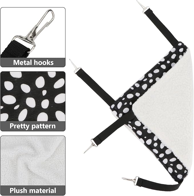 Wontee 2 Pack Small Animal Hammock Soft Fleece Sleeping Bed for Mice Rat Chinchilla Guinea Pig Ferret Kitten Cat Rabbit (S: 10.6x10.6inch, Black White Dot)