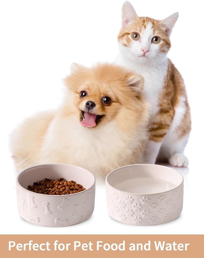 UBEE Ceramic Dog Bowl Set of 2, 5.1 inch Dog Food Bowl Dish, Pet Food Water Dish Feeding for Small Dogs and Large Cat, Bone + Paw Pattern, 5.1 in-Small, White