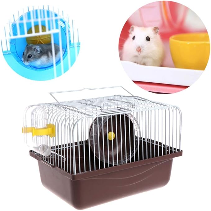 Small Pet Hamster Cage with Running Wheel Water Bottle Food Basin Portable Carrier House Mice Home Habitat for Going Out, Traveling (Coffee)