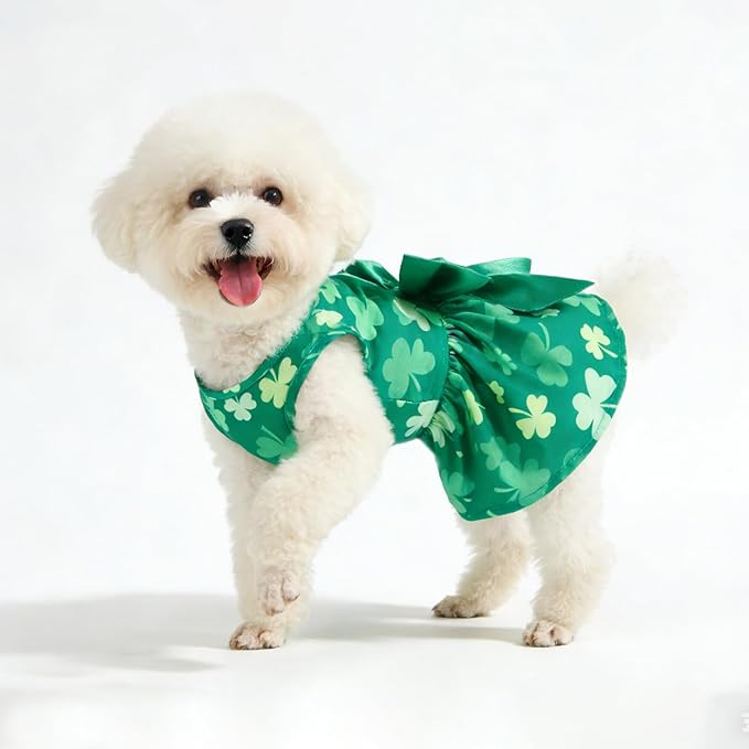 PUPTECK Print Dog St. Patrick's Day Dress Pet Costumes Apparel with Cute Bowtie Puppy Clothes Outfit, Shamrock M