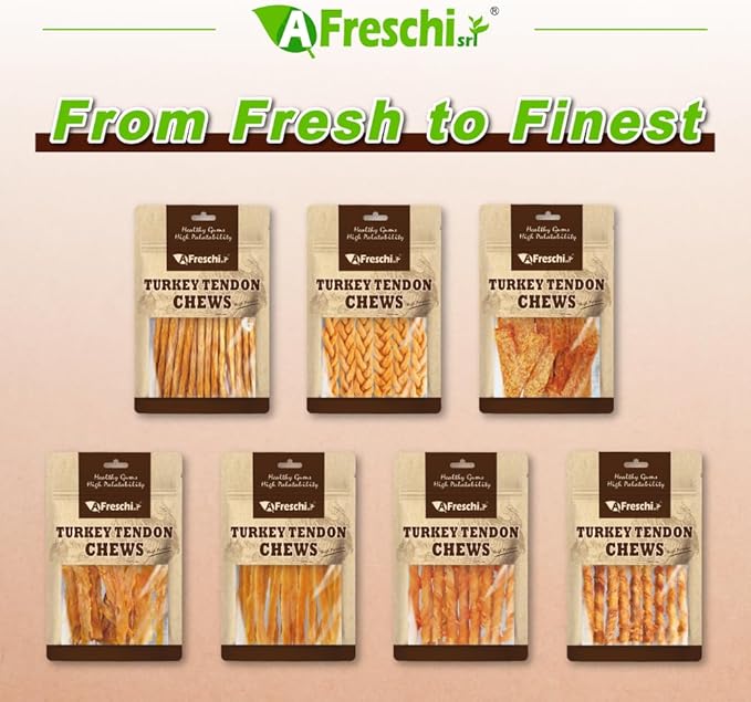 A Freschi srl Turkey Tendons for Dogs, USA-Sourced, Healthy Dog Treats, Rawhide-Free Puppy Chews, Long Lasting, All Natural, Hypoallergenic Dog Treats, Coil (L), 3 oz Pack