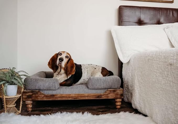 Large Washed Oak Dog Bed - Farm House Style - for Dogs 50 lbs and Under - Orthopedic Memory Foam - Carved Wooden Legs - Luxury Pet Sofa