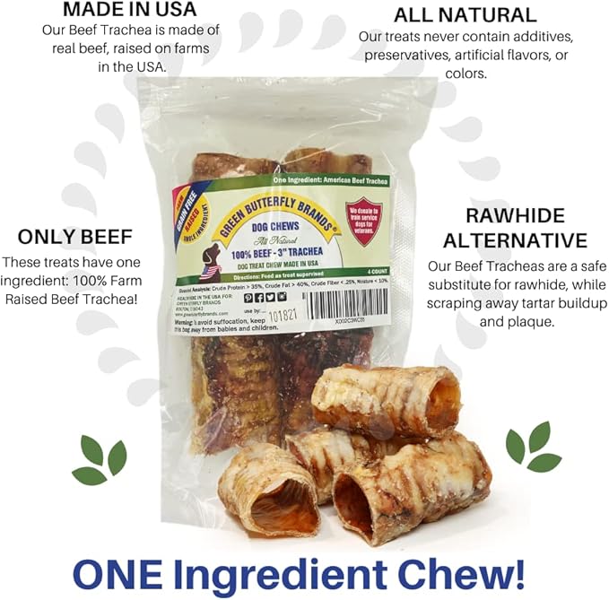 Dog Chews – Beef Trachea Dog Treat Chew Made in USA. Grass Fed Farm-Raised American Beef. Glucosamine Rich for Healthy Joints. All Natural Dental Chew (3" 4 PCS)