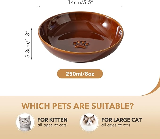 Havniva Ceramic Wide Whisker Friendly Cat Dishes, Set of 3 Ceramic Cat Bowls with Paw Print, Anti-Slip Indoor Kitten Feeding Food& Water Dish to Prevent Whisker Fatigue(3 Pcs, Caramel Brown)