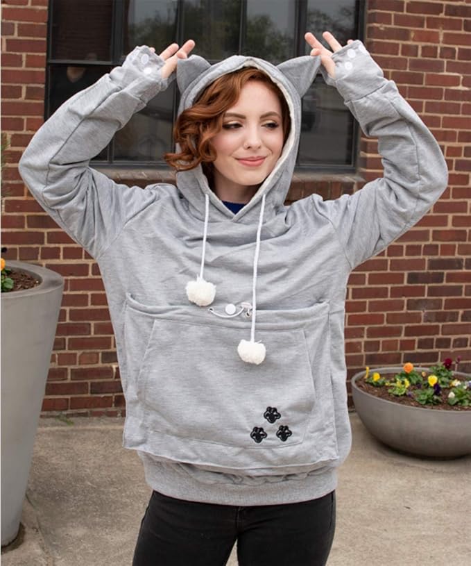 ALYC Unisex Hoodies Pet Holder Cat Dog Large Pouch Carriers Pullover with Cat Printing Sweatshirt (Light Grey- Classic Version, XXL)