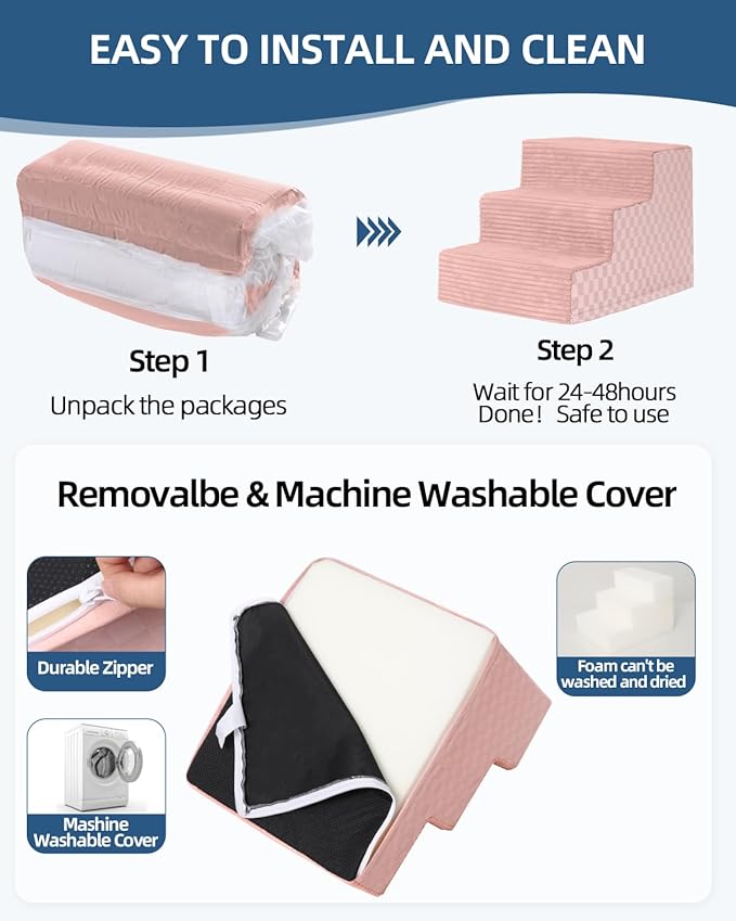 Vfrog Dog Stairs for Small Dogs,17.5" H,4-Step Dog Steps Ramp for Bed and Couch with High Density Foam,Non-Slip Pet Steps for Dogs and Cats,Pet Stairs with a Washable Cover,Pink