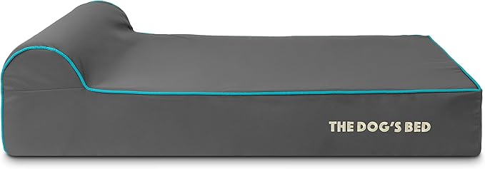 The Dog’s Bed Orthopedic Memory Foam Dog Bed with Headrest, Calming Surface – CertiPUR-Certified Foam, Oxford Fabric, Grey with Blue Trim, Large, 6-Inch