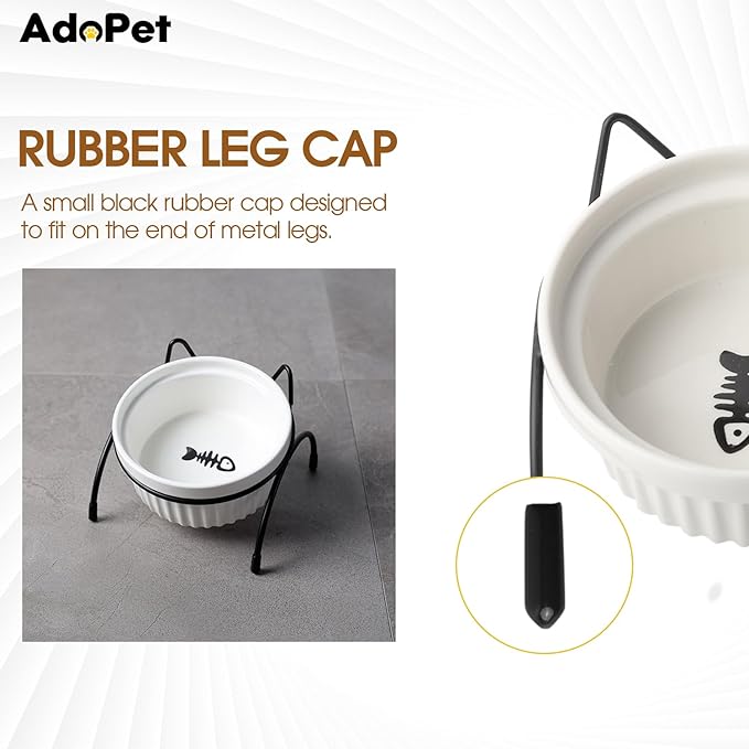 Elevated Ceramic Cat Bowl with Metal Stand – Non-Slip White Pet Food Tray with Herringbone Design Helps Reduce Neck Strain for Small and Medium Cats and Dogs