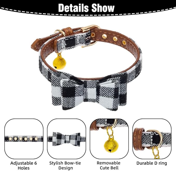 EXPAWLORER Dog Collar and Leash Set - Classic Plaid Dog Bow Tie and Dog Bandana Collar with Bell, Dog Leash Tangle Free, Adjustable Collars for Small Medium Dogs, Holiday Ideal Gift, SM