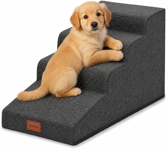 Dog Stairs for Small Dogs and Cats, 19.7" H, 4-Step Curved Pet Ramp for Beds or Couches, Non-Slip Medium Pet Steps with High Density Foam, Grey
