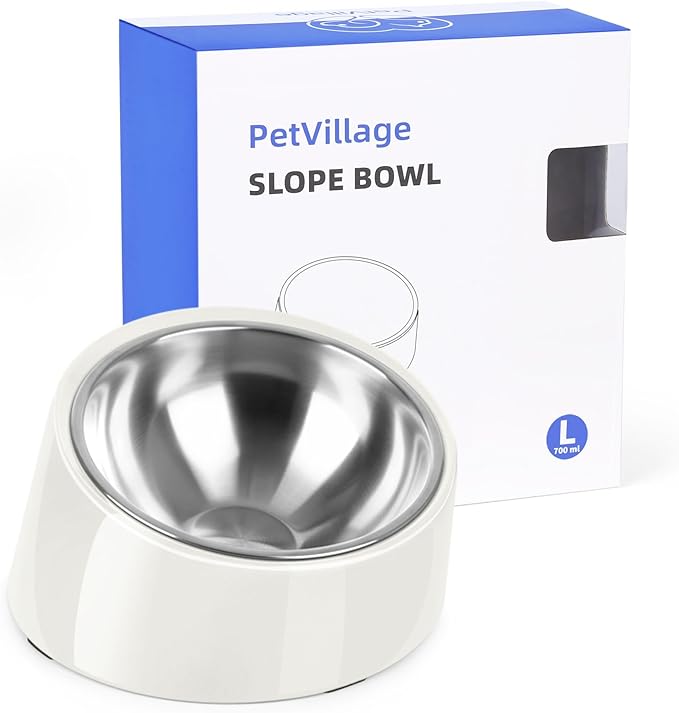 Tilted Dog Bowl Non-Slip & Non-Spill Pet Feeder with Elevated Detachable Melamine Stand, Easy to Get Food Dog Dish, L/300ml White