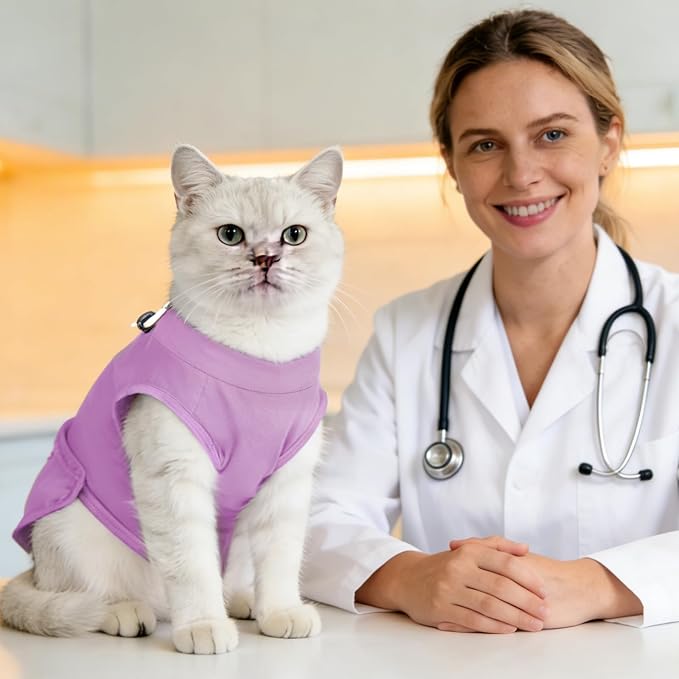 Gyuzh Cat Recovery Suit for Cats After Surgery - Breathable & Comzy Onesie with Adjustable Neck, Pull-On Design and Snap Closure, Cone Alternative for Spay Neuter, Anti-Licking Surgical Suit Purple L