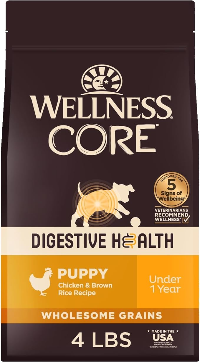Wellness CORE Digestive Health Puppy Dry Dog Food, Wholesome Grains, Natural, Recipe for Dogs with Sensitive Stomachs, Recipe, (4-Pound Bag)