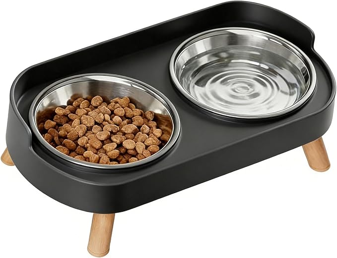 Elevated Cat Bowls, 2 Stainless Steel Raised Cat Food and Water Bowl Set, Splash Proof & Non-Slip, Whisker Fatigue Friendly, Dishwasher Safe for Cats and Small Dogs - Black
