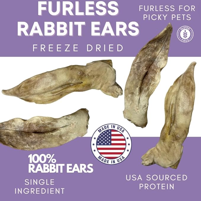 Freeze Dried Rabbit Ears Dog Treats - Furless Rabbit Ears for Dogs & Cats - Healthy Dog Treats - High Value - Single Ingredient- Crunchy