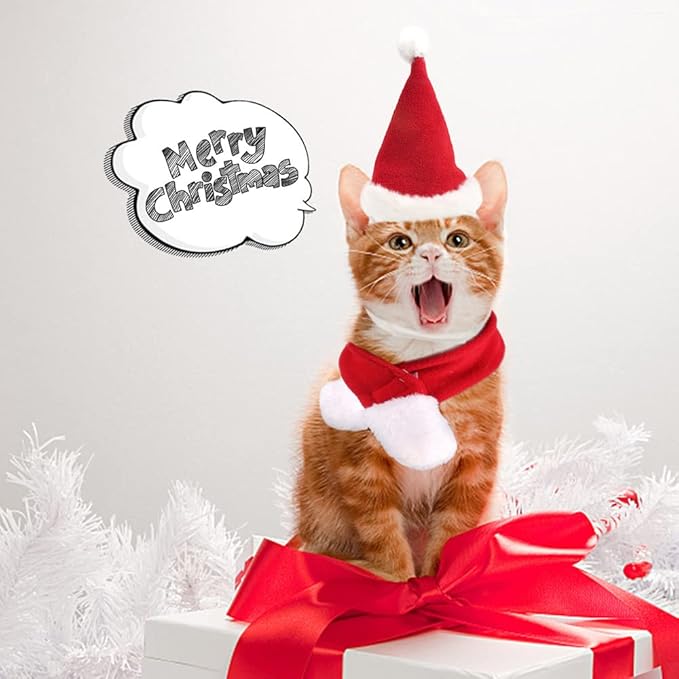 YUJUN 2PCS Cat Santa Hat with Scarf Outfit for Puppy Kitten Christmas Party Costume Supplies