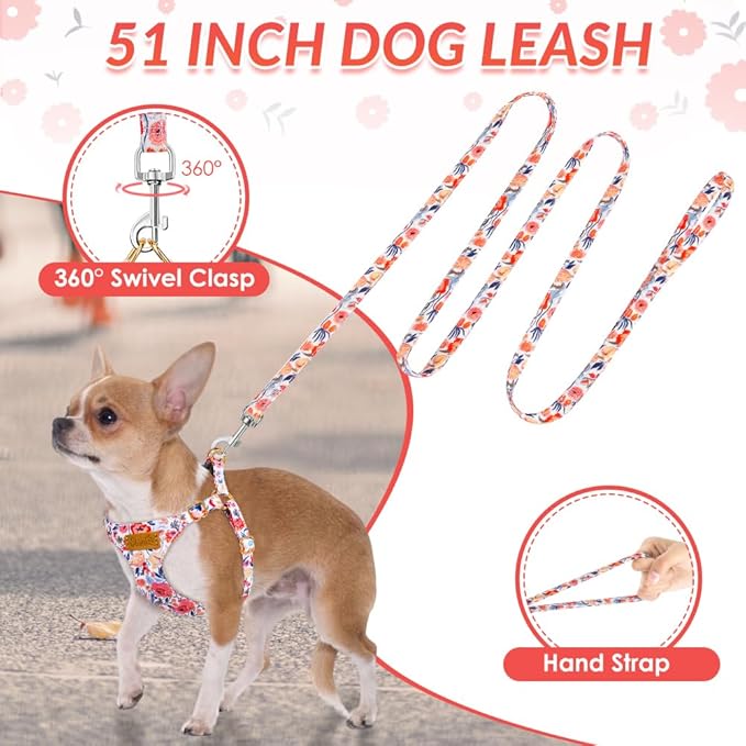SlowTon No Pull Dog Harness with Leash - Soft Lightweight Floral Pattern Puppy Harness, Adjustable Pet Harness for Small Medium Dogs Pupppy (Flower M)