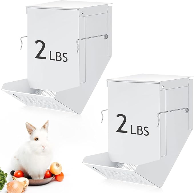 Maxcheck 2 Pcs Rabbit Feeder for Cages Small Animal Food Pellet Dispenser with Lid Metal Chicken Grit Oyster Shell Squirrel Feeders Outside(4.7 Inches,Mesh Bottom,White)