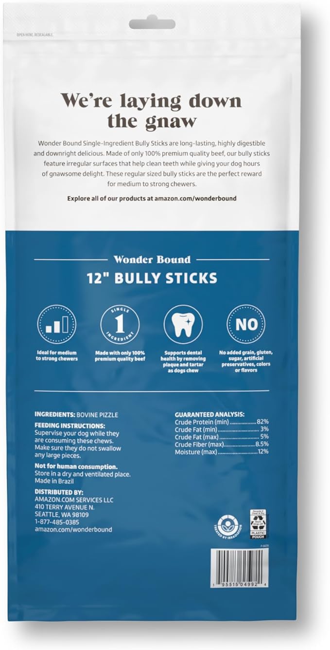 Amazon Brand - Wonder Bound Bully Sticks Dog Treats, All-Natural, Highly Digestible, Long Lasting Dog Beef Treats, 12 inch, (12 Count)