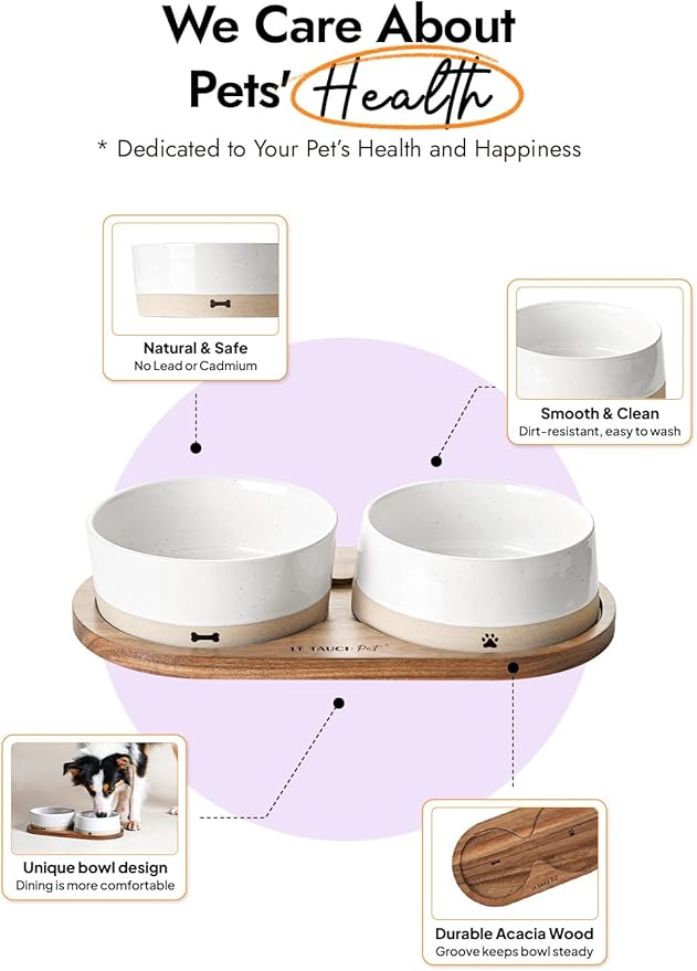 LE TAUCI PET Ceramic Dog Bowls for Medium and Small Dogs - 3.2 Cup Weighted Non-Slip Food and Water Bowls with Acacia Wood Tray, Pet Bowl Set of 2