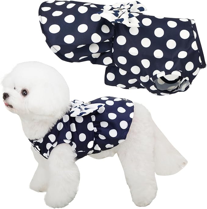 Cute Polka Dots Cat Small Dog Dress with Bow Tie Summer Clothes with D-Ring on The Back for Puppy Cat(Navy with White Dots, Large)