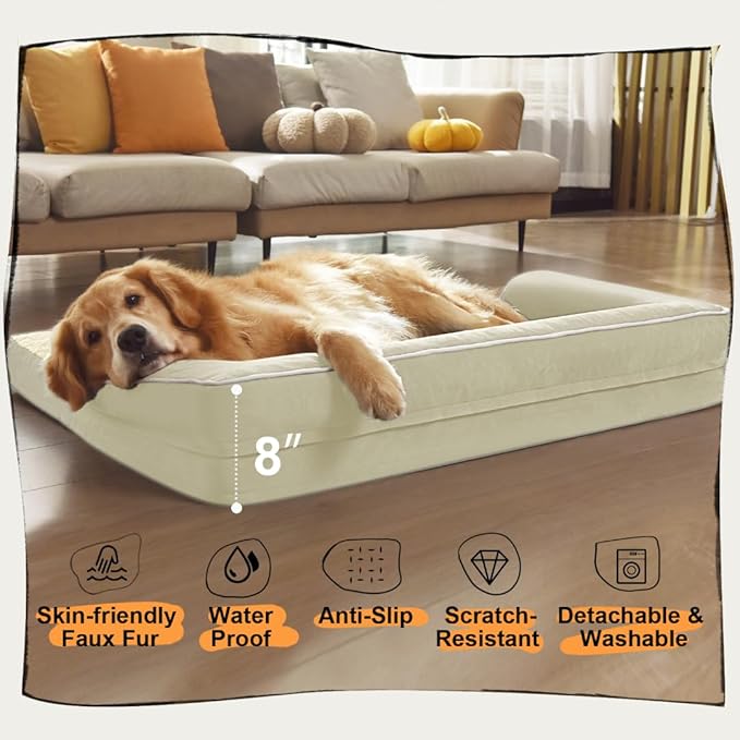 Large Dog Bed Orthopedic Washable - Waterproof with Removable Cover - Memory Foam - XXL Large Big Dogs - Beds Bolster Pet - Couch Sofa - Beige Dog Bed
