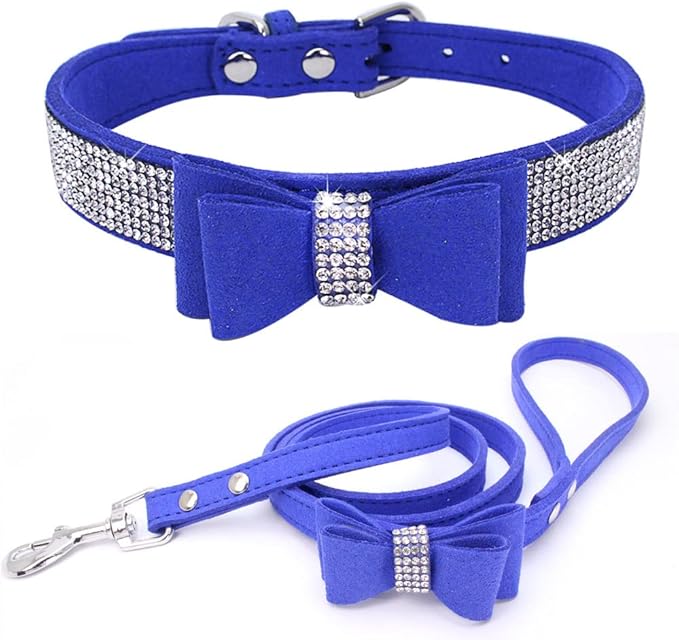 Blue Bling Female Dog Collar and Leash Set with Bow Tie, Diamond Dog Collar with Bowtie Crystal Rhinestone Dog Collars for XXS Xs Small Medium Large Girl Pet Dogs, M