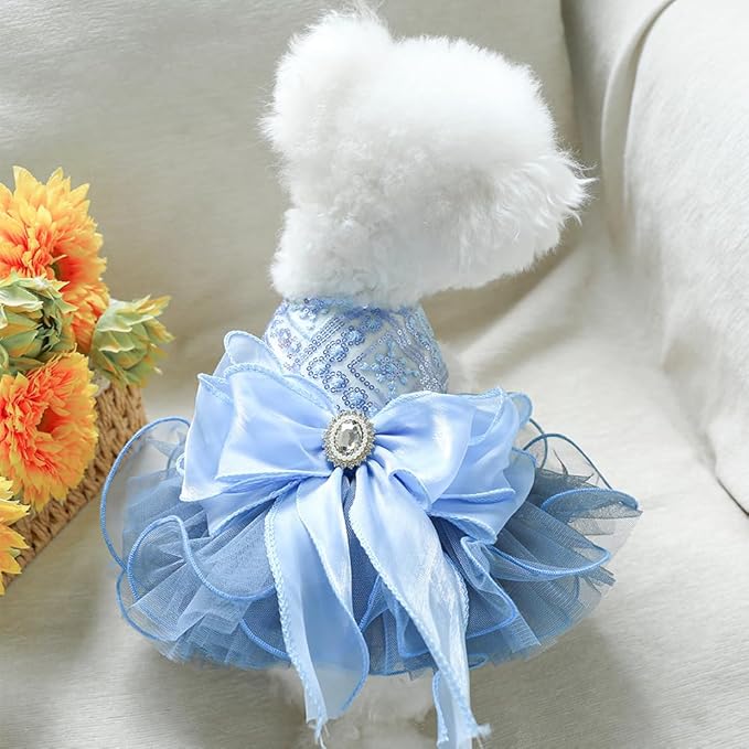 ANIAC Blue Cat Wedding Dress and Bow Dog Wedding Outfit Formal Puppy Clothes for Girl Small Dog Luxury Pet Party Dress for Kitten Chihuahua Yorkie Pomeranian (Blue-2, Medium)