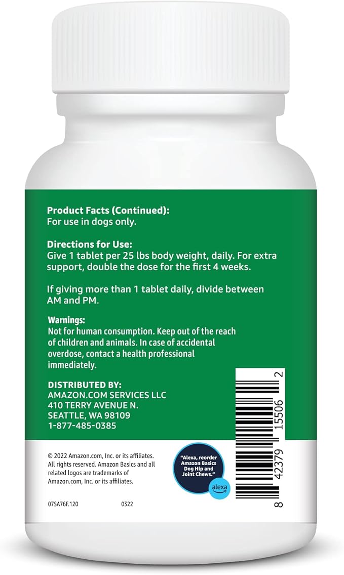 Amazon Basics Dog Hip & Joint Daily Chewable Tablets, with Glucosamine, MSM, and Chondroitin, Duck Flavored, 120 Count (Previously Solimo)