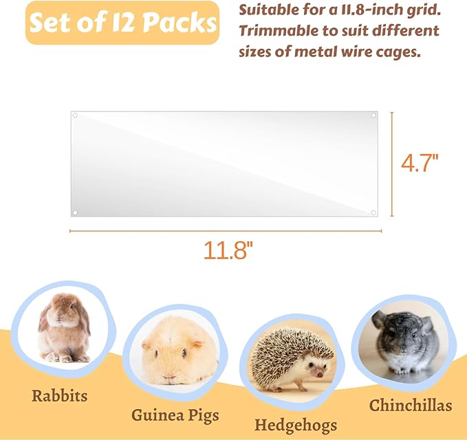 12 Pcs Cage Guard 11.8"x4.7" with Zip Ties Scatter Guard Clear Cage Liner Flexible Side Lining for Rabbit Guinea Pig C&C Metal Wire Playpen