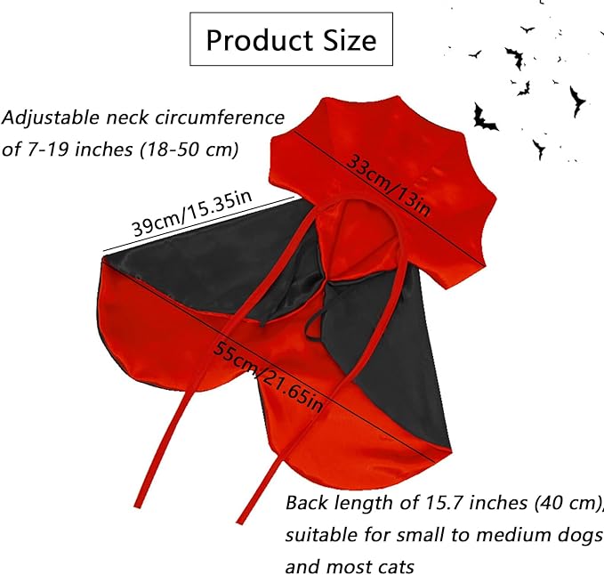 Qiansail Cat Cape Vampire Cloak Halloween Dog Costume Pet Cosplay Apparel Outfit Decor Accessories for Puppy Kitten (Black&Red)