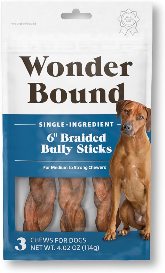 Amazon Brand - Wonder Bound Braided Bully Sticks, All-Natural, Highly Digestible, Long Lasting Dog Beef Treats, 6 inch, 3 Count