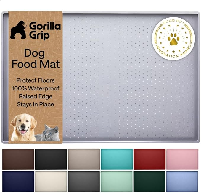 GORILLA GRIP 100% Waterproof Raised Edge BPA Free Silicone Pet Feeding Mat, Dog Cat Food Mats Contain Spills Protects Floors, Placemats for Cats, Dogs Water Bowl, Pets Accessories 32x24 Light Gray