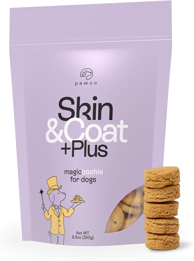Pawco Dog Treats, Skin & Coat – Supports Skin Barrier & Coat Shine – Crunchy Dog Cookies with Omega-3 & DHA, Peanut Butter & Apple – Functional & Healthy Rewards for Dogs – Magic Cookie – 8.8oz