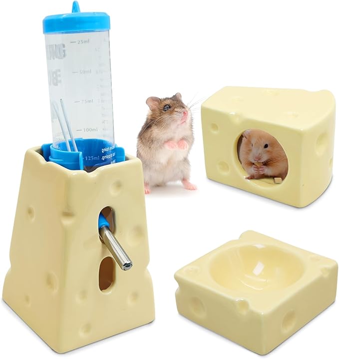 PINVNBY 4PCS Hamster Hideout Set Ceramic Cheese Shape Hamster Food Bowl Water Bottle Holder & 125ML Water Bottle Hamsters House for Dwarf Robo Campbell Gerbil and Other Small Animals