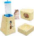 PINVNBY 4PCS Hamster Hideout Set Ceramic Cheese Shape Hamster Food Bowl Water Bottle Holder & 125ML Water Bottle Hamsters House for Dwarf Robo Campbell Gerbil and Other Small Animals