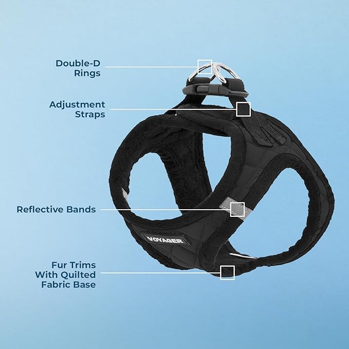 Best Pet Supplies - All Weather Plush, Reflective, No Pull Harness for Small, Medium Dogs, Cats - Secure with Hook & Loop Fastener, Buckle, Double D-Rings - Black Plush, XL