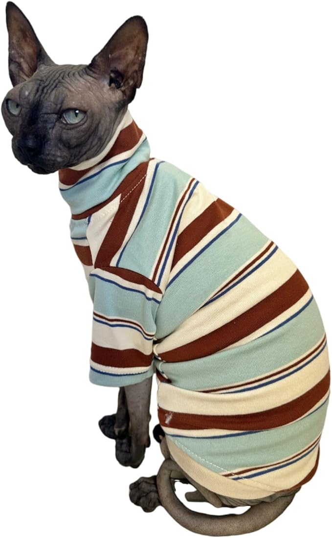Vintage Stripes Sphynx Hairless Cats Shirt Cotton Cat Turtleneck Pet Clothes Kitten T-Shirts with Sleeves for Sphynx Cornish Rex, Devon Rex, Peterbald (Mint Brown, Medium (Pack of 1))