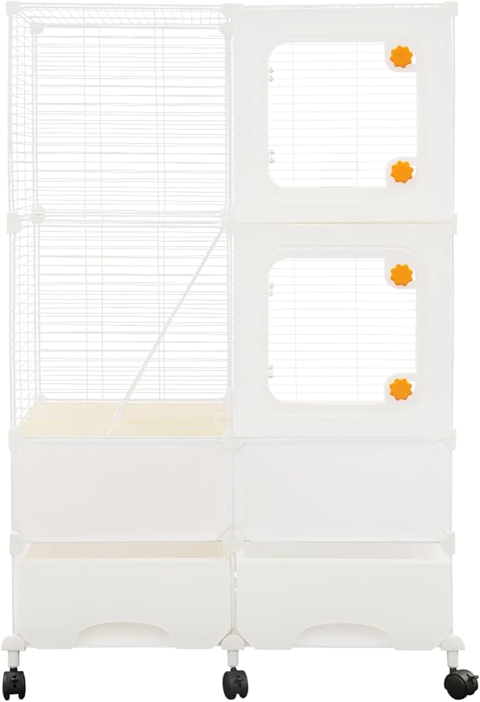 Small Animal Cage, Guinea Pig Cages with Rolling, Durable Front Doors, Chinchilla Cage with Scoop for Rat, Hamster, Guinea Pig, Squirrel (White, 45.3in)