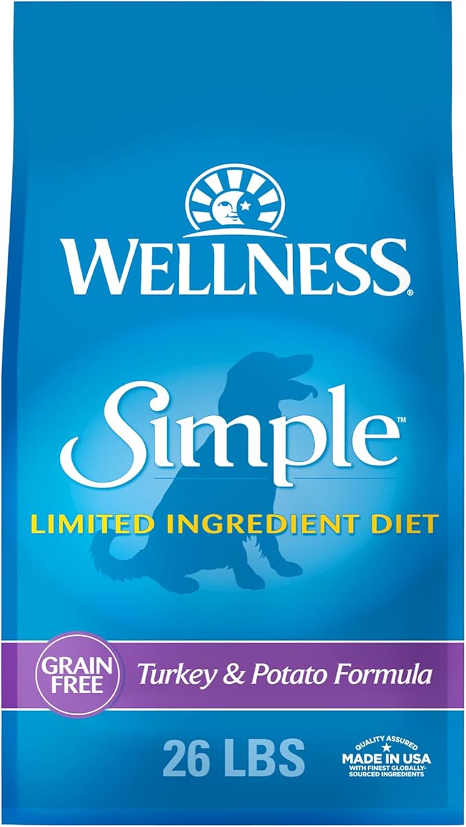Wellness Simple Limited Ingredient Dry Dog Food for Sensitive Stomachs, Supports Skin & Coat, Grain-Free, Natural, Turkey & Potatoe Recipe, (26-Pound Bag)