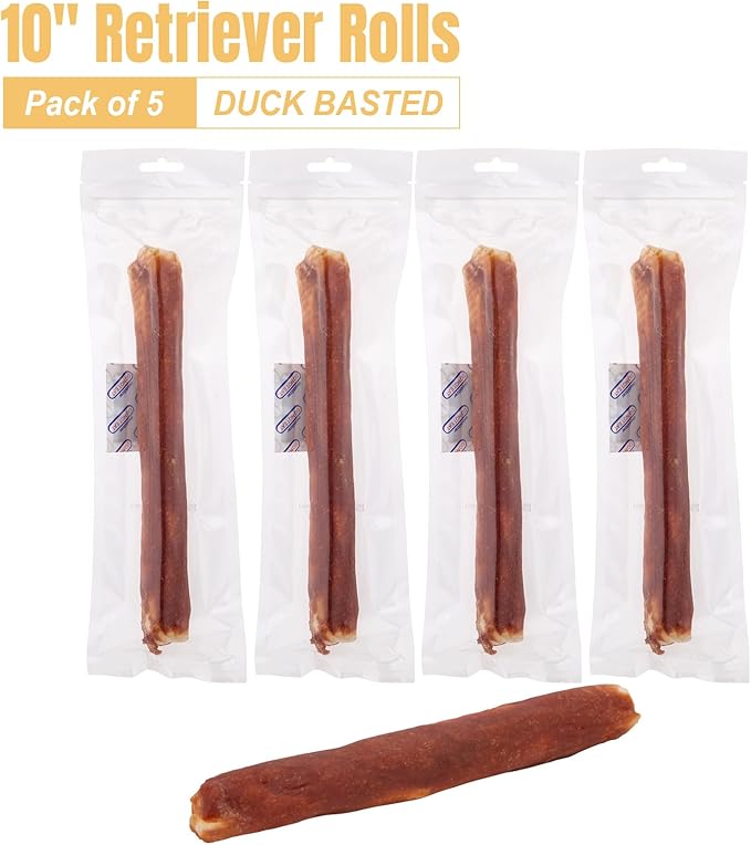 Amzey Collagen Treats for Dogs, 10" Rawhide Retriever Rolls Dog Chews Treats, Duck Wrapped Rawhide Bones Long-Lasting for Large Dogs 50lbs Up, All Natural Duck Basted Dog Rawhide Chews, 5 Count