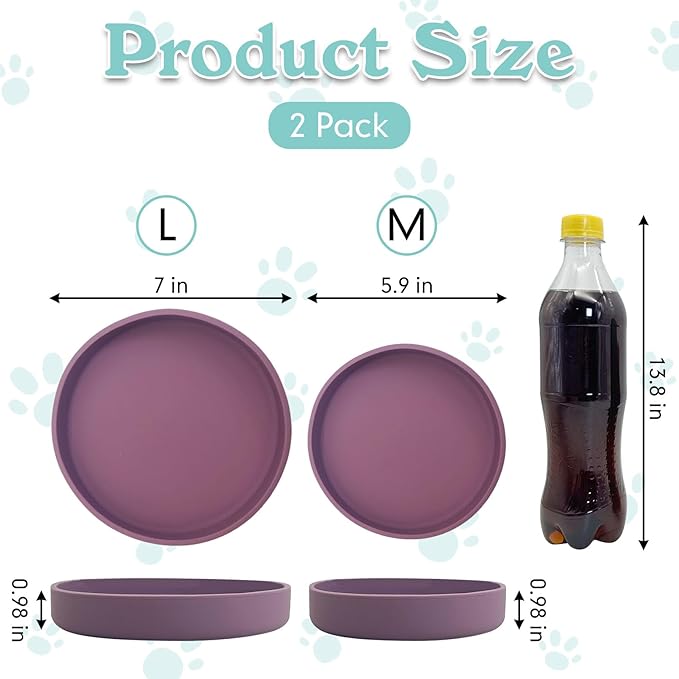 Silicone Dog Bowl Shallow Cat Food Bowls 7in Flat Puppy Plates Cute Whisker Fatigue Pet Feeding Dishes Set of 2 for Dry and Wet Food Indoor (Round Purple)