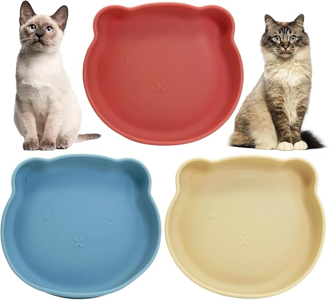 Silicone Cat Food Bowl Suction Cup Cat Dish 7" Shallow Kitty Plates Set of 3 Non-Slip Pet Dishes Relief Whisker Fatigue Puppy Feeding Bowl for Dry & Wet Food (Beige + Red + Blue)