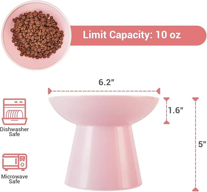 CEEFU Extra Wide Elevated Ceramic Cat Food Bowl - 6.2" Shallow Dish for Whisker Fatigue Relief, 5" Height for Easy Feeding, Lead & Cadmium Free, Durable Raised Cat Food Bowls, Pink