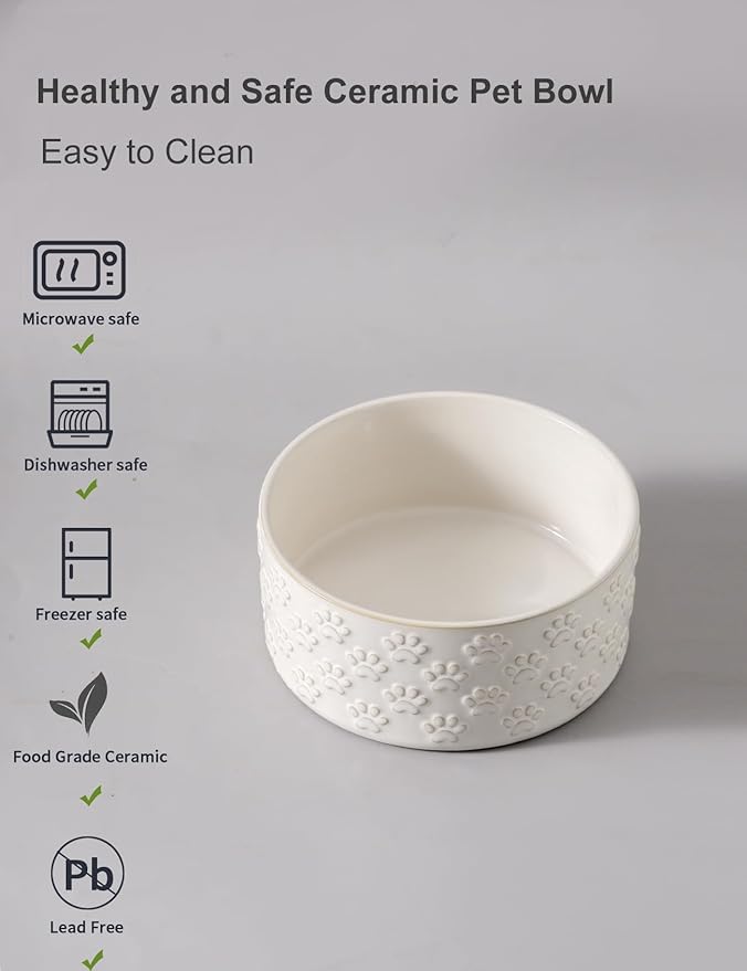 UBEE Small Dog Bowls Set of 2, 5.1 inch Ceramic Dog Dish Food Bowl, Pet Food Water Dish Feeding for Small Dogs and Large Cat, Paw Pattern, 5.1 in-Small, White