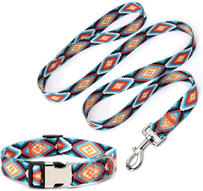 Dog Collar and Leash Set, Quick Release Buckle Soft Durable Print Puppy Collars Adjustable for Small Medium Large Pet Male Dogs Boy Cat Rhombus S